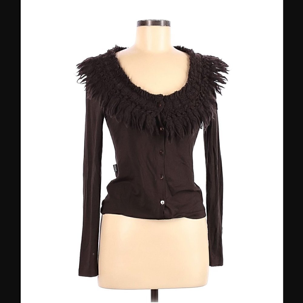 Moschino Jeans Donna Cardigan 8 Tasseled Neckline Chocolate Brown Luxury Italy